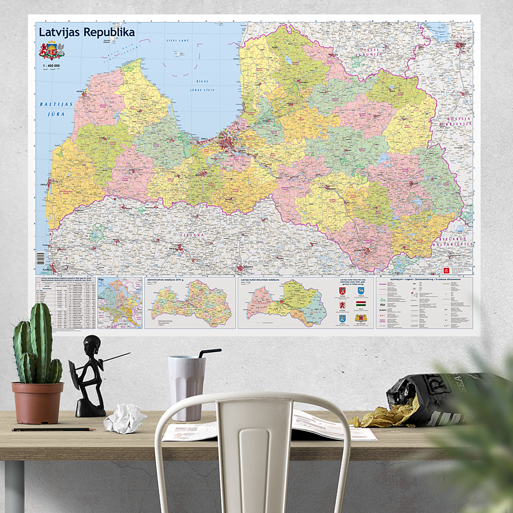 Administrative wall map of Latvia. Laminated (in Latvian)