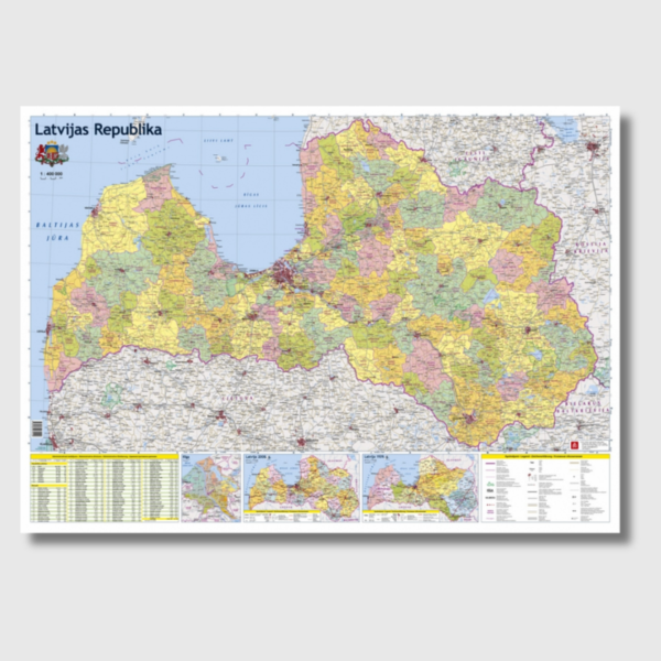 Latvijas administratīvā sienas karte. Laminēta, ar līstēm