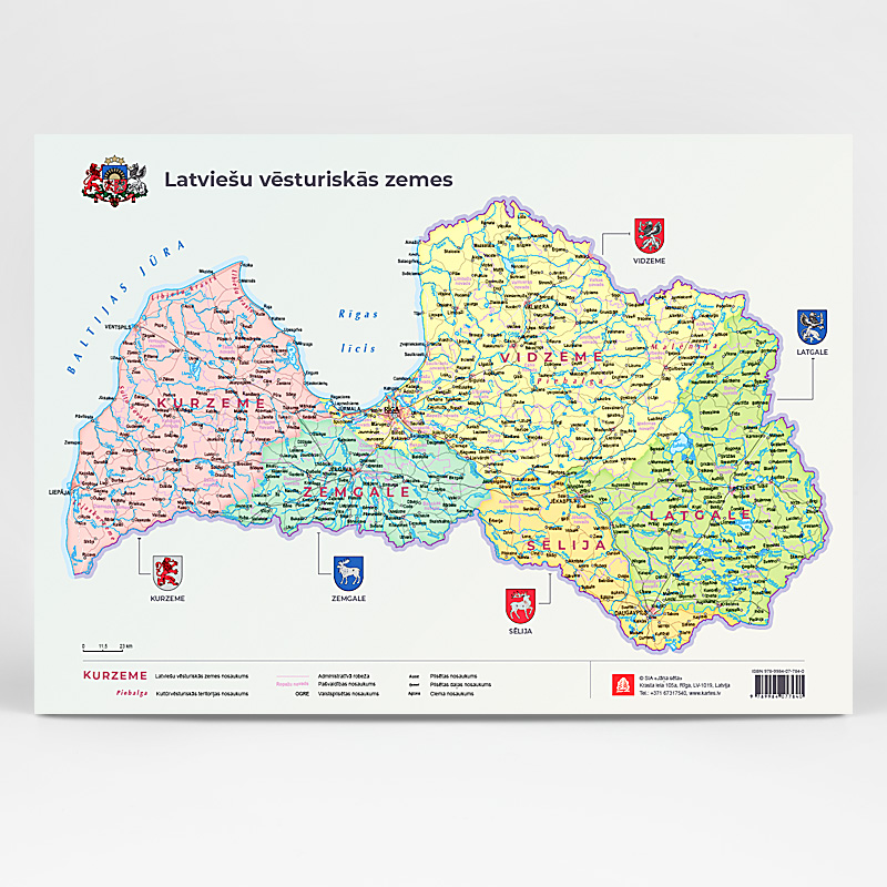 Latviešu vēsturiskās zemes. Valstspilsētu un novadu ģerboņi. Karte A3 formātā.